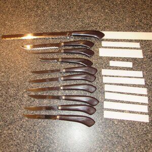 Set of 10 Vintage Ginsu Stainless Serrated Knife Knives USA Brown Handle Steak